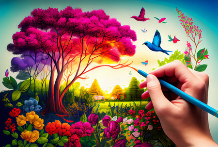 An artist with pencil crayon in hand, creating a garden image.  Illustration.の素材