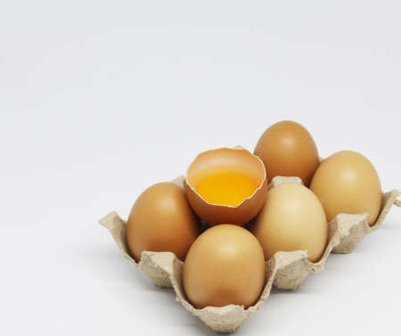 six eggs and yolk on white backgroundの写真素材