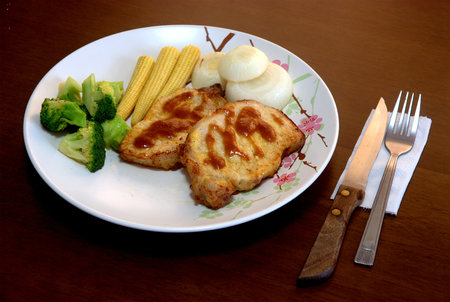 The dish of two pieces of the pork steak topped with the brown sauce served with many kinds of vegetables.の写真素材