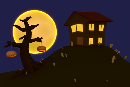 3D rendering image in the cartoon style of a mysterious house for Halloween season.の写真素材