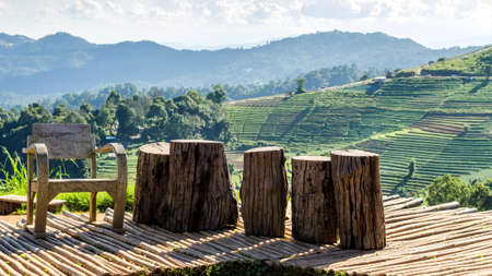 relaxtion terrace at hill with vegetable farmの写真素材