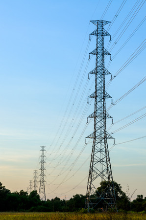 Electricity post in daylight and blue skyの写真素材