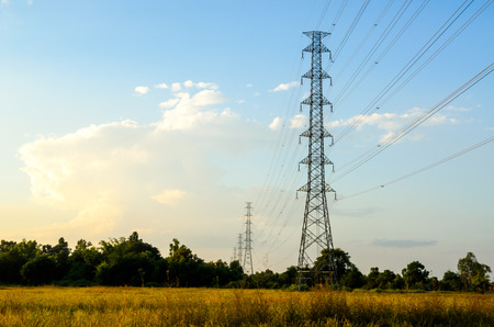 electricity post in daylight and blue skyの写真素材
