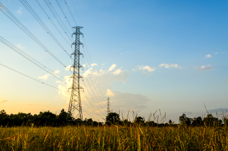 electricity post in daylight and blue skyの写真素材