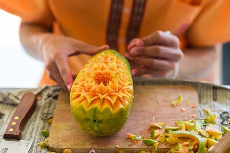 Fruit carving art of Thailand for punctilious foodの写真素材