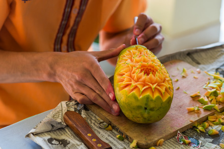 Fruit carving art of Thailand for punctilious foodの写真素材