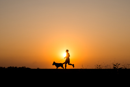 silhouette man and dog jogging on the background of beautiful sunsetの写真素材