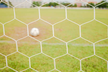 Look through soccer goal net with green field background.