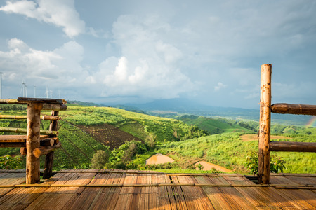 Bamboo terrace platform on mountain view and blue skyの写真素材