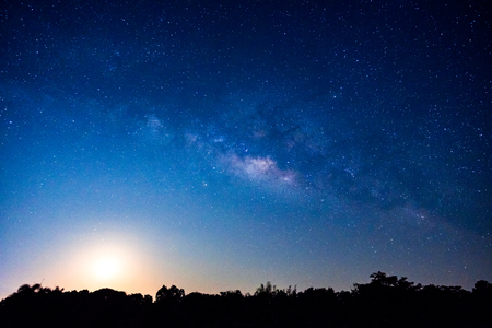 Landscape with milky way galaxy, Night sky with stars, moon andsilhouette of treeの写真素材