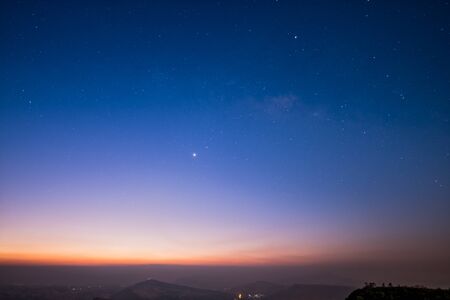 Landscape with milky way galaxy, Night sky with stars and silhouette of tree