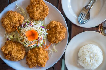 Shrimp Cake in a white plate with Sliced carrots and cabbageの写真素材