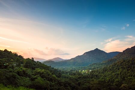 High angle view landscape of Valley and mountain from the top of mountain on sunsetの写真素材
