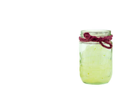 aloe vera gel in glass isolated on white backgroundの写真素材