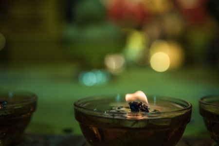 Oil lamps in front of a shrine during the Chinese New Yearの写真素材