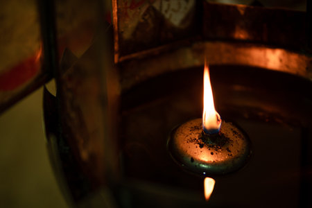 Oil lamps in front of a shrine during the Chinese New Yearの写真素材