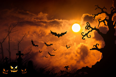 Halloween holiday concept background. Halloween pumpkins with bat at night scary, haunted and misty forestの写真素材