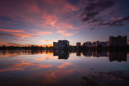 Beautiful sky at sunset at the lake in the park backgroundの写真素材