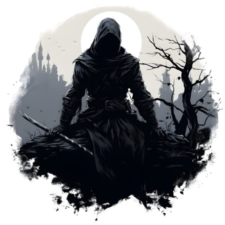 Halloween Ninja with silhouette of a witch sitting on a broomstickの素材