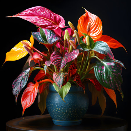 Variegated anthurium flowers in ceramic pot on black backgroundの素材