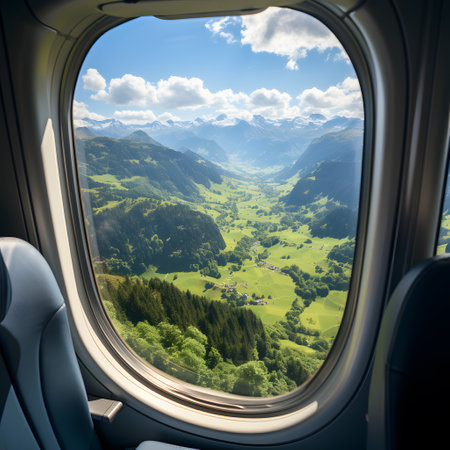 View from the window of an airplane on the mountains and valley.の素材