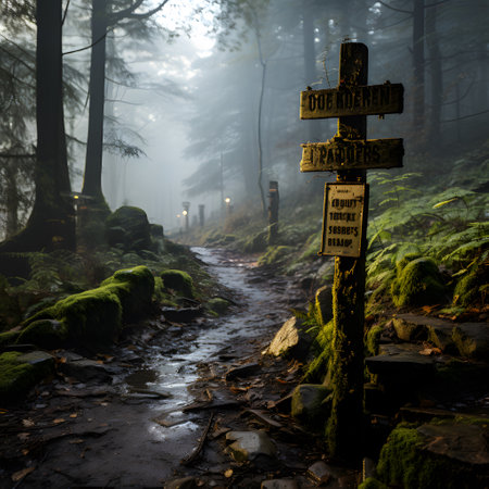 Wooden signpost in the foggy forest. Halloween concept.の素材