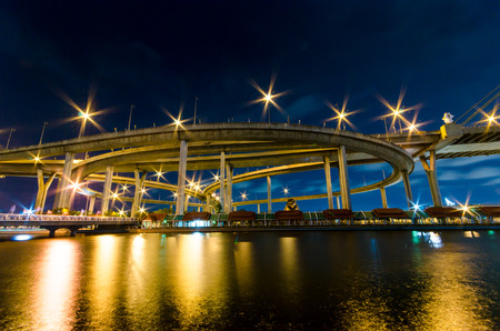 Bhumibol Bridge in Thailand at nightの写真素材