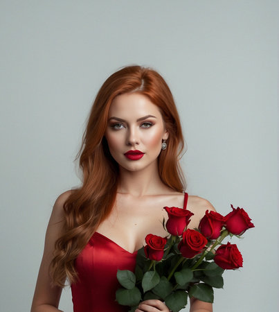 Beautiful woman, long hair, red dress, red roses.の素材