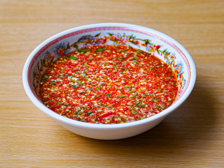 Close up Thai spicy seafood dipping sauce the popular to eat with delicious seafood increases color of fresh red chilli sauceの写真素材