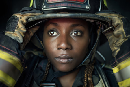 Portrait of a young african american woman firefighter in uniform.の素材