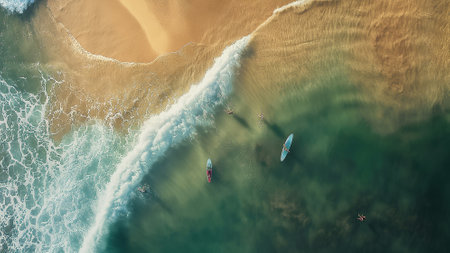 Aerial view of surfers and kayaks on the sandy beach. Top viewの素材