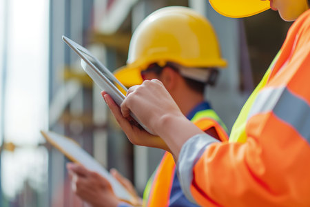 close up of engineer or architect using digital tablet at building construction siteの素材