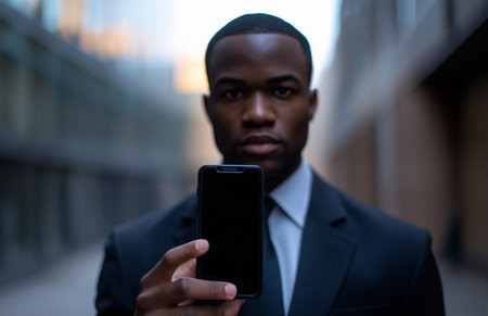 Close up portrait of young african american businessman with mobile phoneの素材