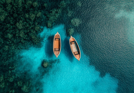 Aerial view of two boats on the blue sea. Top viewの素材