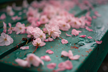 cherry blossom petals on a wooden bench in the parkの素材