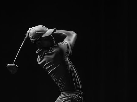 golf player in black sportswear hitting ball on black backgroundの素材