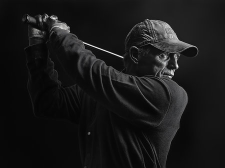 Black and white portrait of an old man playing golf on a black backgroundの素材