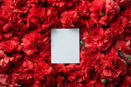 Top view of red carnation flowers with blank card for your textの素材