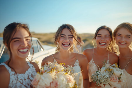 Beautiful bridesmaids with bouquet on the background of the seaの素材