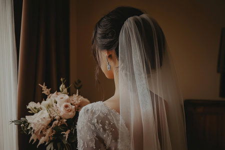 Beautiful bride in a white wedding dress with a bouquet of flowersの素材