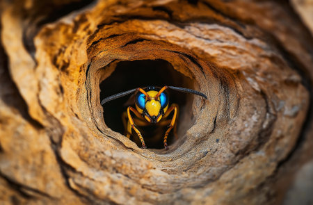 Close up of a hornet in a hole in a tree.の素材