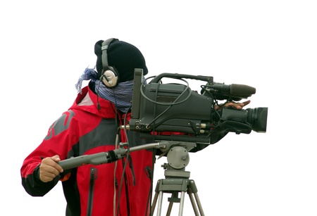 Video camera operator working with equipment  on white background