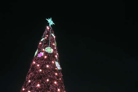 Big christmas decorated pine tree close up, white lights. Christmas decorations are lights and baubles. Happy new year, christmas celebration lightsの写真素材
