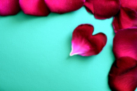 Blurry background with red rose petals and heart shape, green backgroundの写真素材