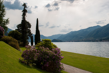 beautiful botanical trail by the lake comoの写真素材