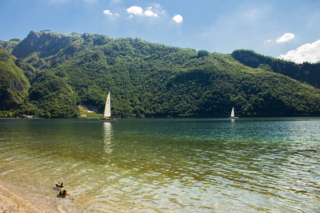 The quiet waters of the alpine lakeの写真素材