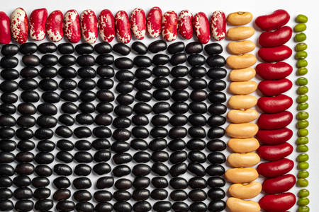 Geometric bean pattern. Multicolored Legumes Textures: kidney beans, black eye, pinto lentilの写真素材