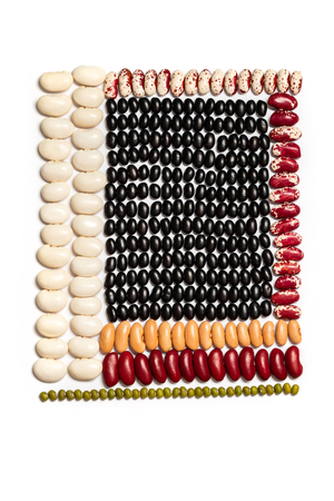 Geometric bean pattern. Multicolored Legumes Textures: kidney beans, black eye, pinto, lentil on white backgroundの写真素材