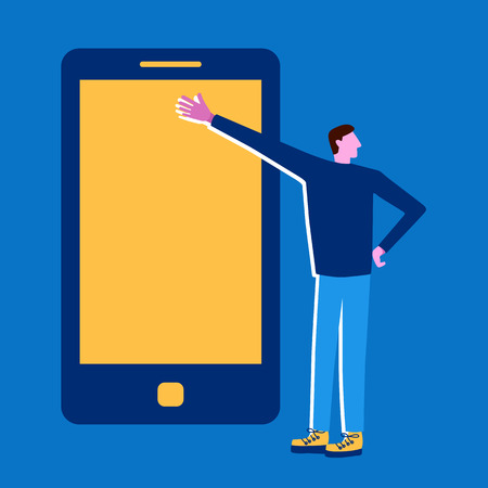 Man with the phone. Presentation, mobile conversation in flat style. - Vectorのイラスト素材