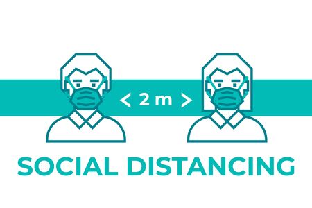 Man and woman wearing face mask maintain social distancing. Precautions for the coronavirus. Steps to protect yourself.のイラスト素材